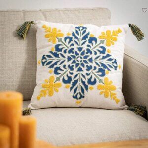 Blue And Yellow Embroidered Pattern Pillow, Spring Accent Pillow